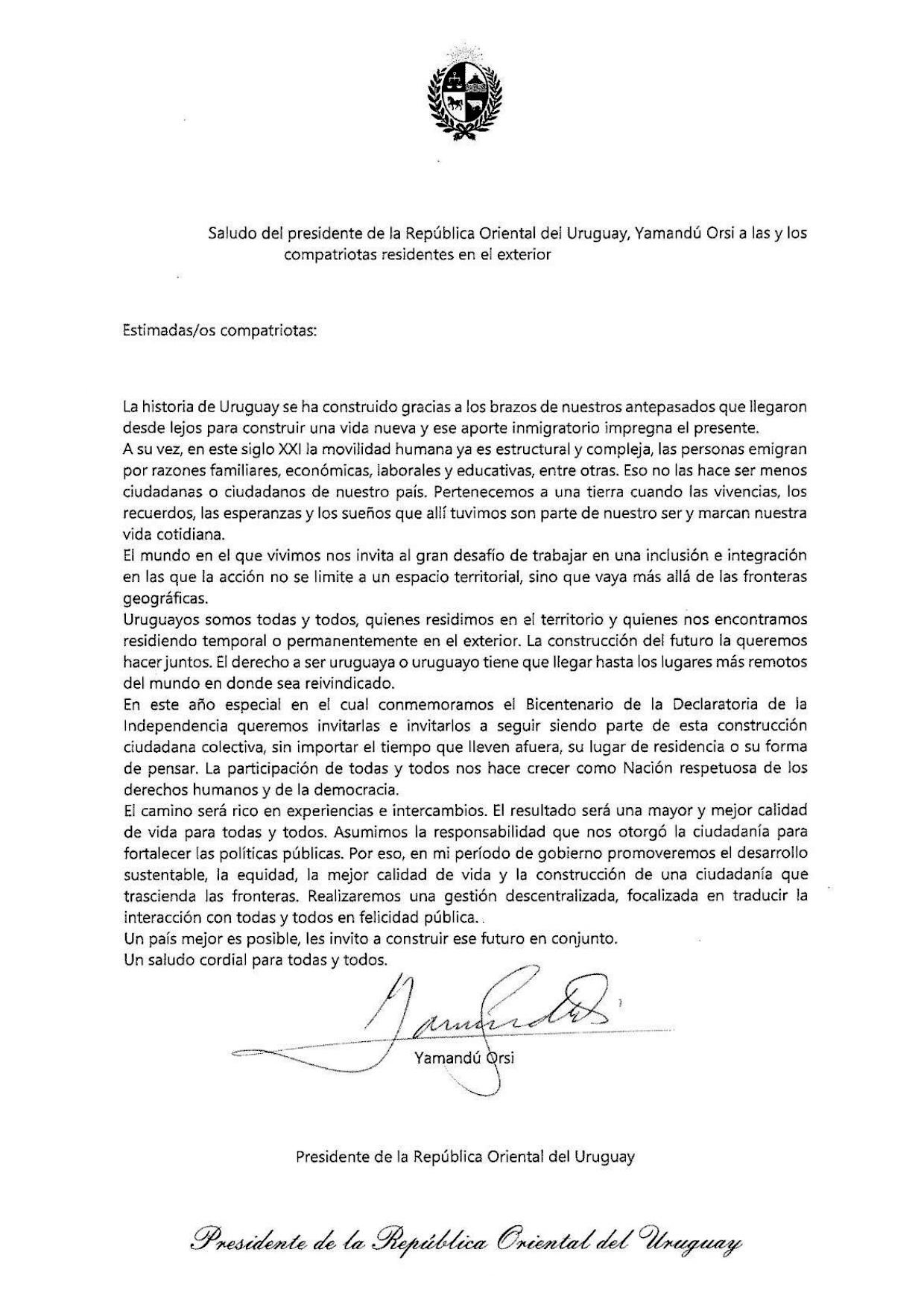 Lee más sobre el artículo Mensaje del Presidente Yamandú Orsi a los compatriotas en el exterior.